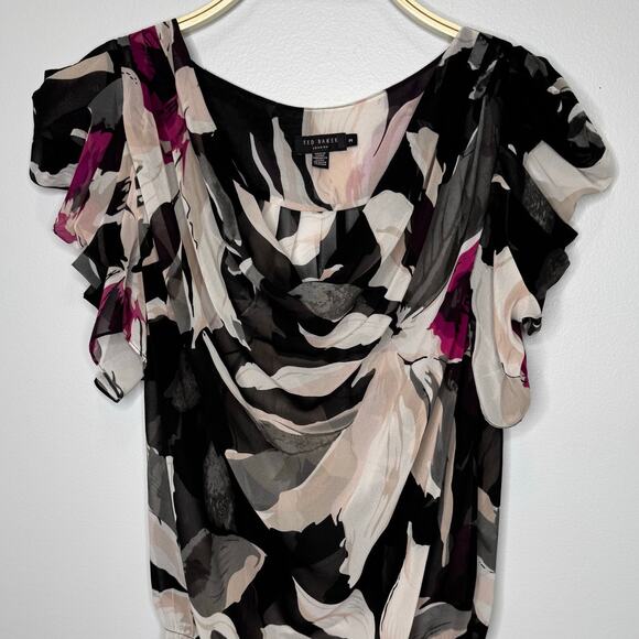 Ted Baker Blouse Size 8 Floral Chiffon Pullover Ruffle Sleeves Cowl Neck Top - Picture 3 of 10